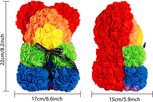 Rose Flower Bear,10 inch Artificial Rose Love Romantic for Christmas, Graduation, Valentine's Day, Mother's Day, Anniversary, Birthday, Wedding Gift (Rainbow)