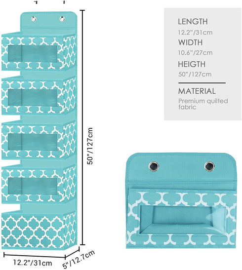 Baby Storage Hanging Organizer Over The Door with 5 Large Clear Window Pocket, Wall Mount Storage Organizer with 2 Metal Hooks for Pantry Baby Nursery Bathroom Closet Dorm(Blue)