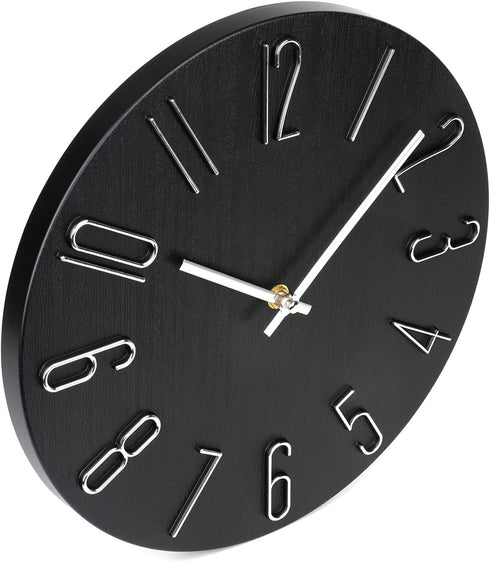 Wall Clock 12" Silent Non-Ticking Modern Style Wooden Wall Clocks Decorative for Office Home Bedroom School (Black)