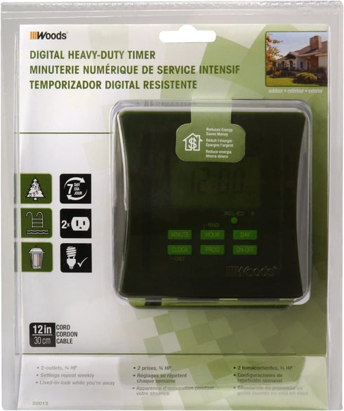 Woods 50015WD Outdoor 7-Day Heavy Duty Digital Plug-in Timer, 2 Grounded Outlets, Weatherproof, Perfect for Automating Holiday/Christmas Lights, 3/4 Horse Power, Energy Saving Precision Programming, Black & Green
