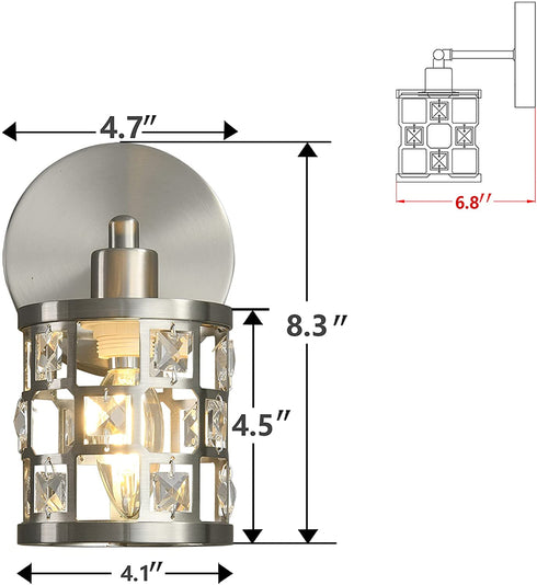 1 Light Modern Vanity Light, Bathroom Vanity Light Brushed Nickel Wall Light Fixtures with Cylinder Crystal Shade