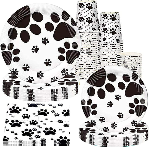 Dog Paw Prints Party Supplies, Dog Paw Prints Theme Tableware Set Including Paper Plates Cups Napkins for Birthday Baby Shower Party -Serves 16