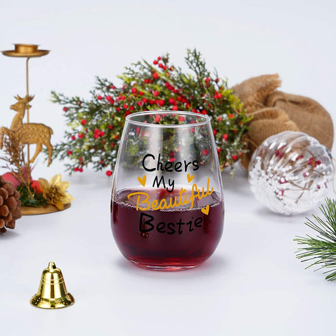 Cheers My Beautiful Bestie Stemless Wine Glass Friends Women Female Girls Sister BFF Bestie Wine Lover Birthday Christmas, Funny Friendship Wine Gifts for Best Friend, 15 Oz