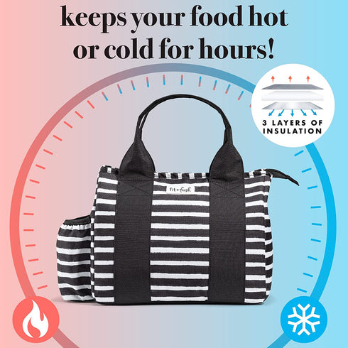 Fit + Fresh Sanibel Insulated Lunch Bag, Lunch Bag for Women Includes 2 Food Containers, Reusable Lunch Box, Perfect for Work, School, Beach & More, Black Stripe