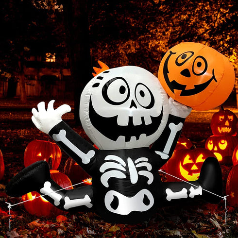 Halloween Inflatables 5 FT Cute Skeleton Holding up Pumpkin, Blow up Yard Decorations Clearance with bulit-in LED Lights, Outdoor Inflatable Halloween Decorations for Holiday Party Garden Lawn Decor