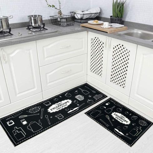 Carvapet 2 Piec Non-Slip Kitchen Rug TPR Non-Skid Backing Mat for Doorway Bathroom Runner Rug Set, Geometric Design (17"x48"+17"x24")