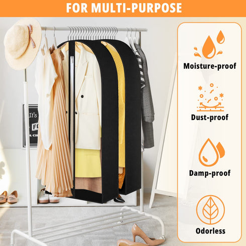 FADOTY 40" Hanging Garment Bag for Storage 6.3" Gusseted Garment Bags for Hanging Clothes Storage Jacket Covers for Closet with Zipper Clear Garment Cover Dustproof for Coats Sweaters, 3 Pack, Black