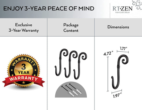 RTZEN Wall Mount J Hook - Wrought Iron Decorative Wall Hooks for Hanging - Handcrafted Classic Wall Mounted Black Coat Hooks - Farmhouse Towel Hooks Robe Hooks or Hat Hooks - 3 Pack