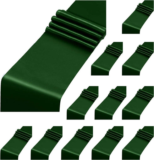 Aneco 12 Pack Satin Table Runner 12 x 108 Inch Forest Green Long Wedding Satin Silk Table Runner for Wedding Banquet Graduations Birthday Party Decoration