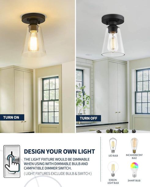 Cone Flush Mount Ceiling Light, HANASS 1-Light Black Ceiling Light Fixture, Farmhouse Light Fixture with Clear Glass Shade for Bedroom Hallway Dining Room Bathroom Corridor, MX99987-1