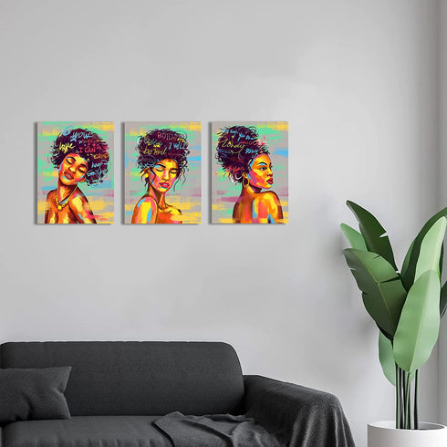 Framed Canvas Wall Decor Art Print Picture for Living Room- Wall Decorations for Bedroom Green Gray African Girls Painting- Modern Home Wall Decor Stretched and Framed Ready to Hang Pictures- 12"x16"x3 Panels