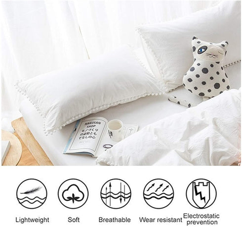 CAWANFLY Pom Pom Fringe Pillow Cases, Tassel Sham Set King Size Bedding Pillow Covers, 20x36inches, Set of 2 (White)