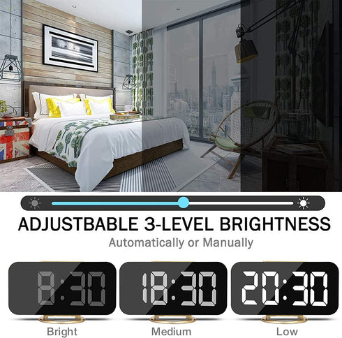Digital Alarm Clock for Bedrooms, LED Mirror Digital Clock Large Display for Heavy Sleepers Teens, Snooze, Dual USB Charger Ports, 3 Level Brightness, Electronic Clock for Bedroom Living Room(Gold)