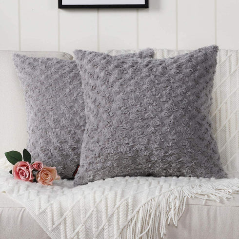 MANDIOO Pack of 2 Grey Faux Fur 3D Flower Pattern Fuzzy Cozy Soft Decorative Throw Pillow Covers Set Cushion Cases Pillowcases for Couch Sofa Bedroom Car 22x22 Inches