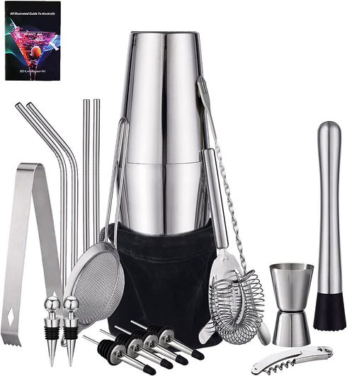HBlife 18 Piece Cocktail Shaker Set - Stainless Steel Bartender Kit Bar Set with 25oz/18oz Boston Shaker, Muddler, Double Jigger, Mixing Spoon & More, Perfect for Home Bars and Parties, Sliver