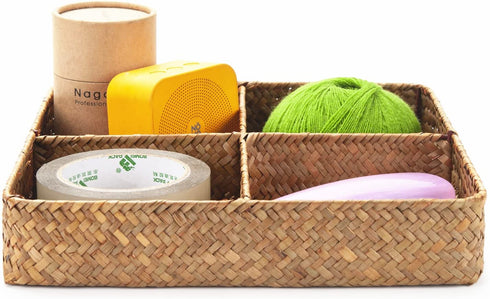 Woven Seagrass Storage Basket with 4 Divided Sections, Wicker Basket Bin Organizer Divider for Drawer / Closet / Shelf / Dresser