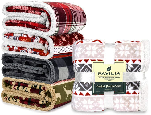 PAVILIA Christmas Plaid Blanket | Sherpa Fleece Flannel Throw Blanket | Christmas Plaid Warm Plush Microfiber Blanket for Couch Sofa | 60x80 Inches