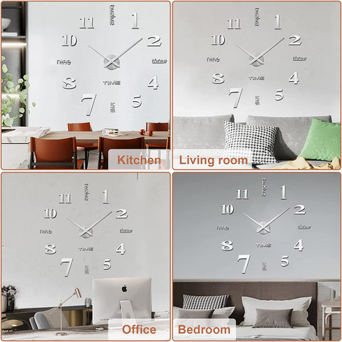 AILILIFE 3D DIY Wall Clock Decor Sticker Mirror Frameless Large DIY Wall Clock Kit for Home Living Room Bedroom Office Decoration (Sliver)