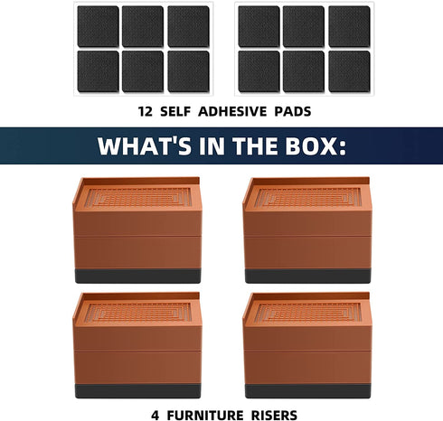 KONIGEEHRE 4 Pack Bed Risers Heavy Duty Adjustable Furniture Riser Stackable Lifts Height of 1.8? or 2.85? Supports Up to 1300Lbs for Bed Desk Sofa Table and Chair with 12pcs Non-Slip Pads?Brown?