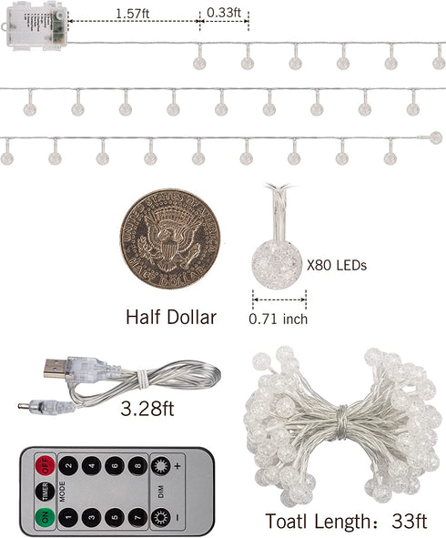 Battery Operated String Lights - JACKYLED 33ft 80 LED Crackle Globe Fairy Lights 8 Modes with Timer Remote Waterproof Indoor Outdoor Decorative Hanging Lights for Home Bedroom Party Wedding Christmas