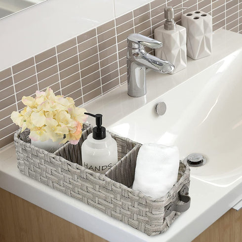 Toilet Paper Storage Basket, Natural Woven Seagrass Wicker Bathroom Storage Basket Bin Toilet Paper Holder with Leather Handle, Toilet Tank Top Decorative Box for Bathroom, Living Room, Entryway
