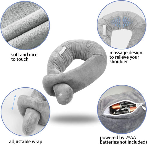 Neck Pillow, Neck Wrap Vibration Massaging Wireless Travel Pillow Soft Touch Breathable Head Support for Office Sofa Air Plane Grey