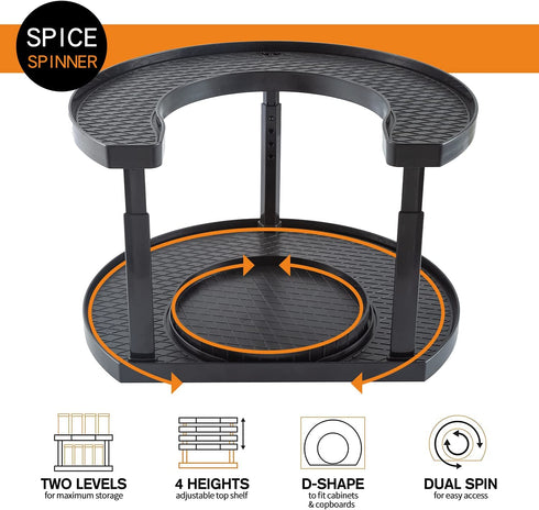 Aeakey Spice Rack storage,Spice Spinner Two- Tiered Lazy Susan Turntable Spice Rack Organizer Rotating Spice Holder For Cabinet And Storage,Holder That Saves Space,Height Adjustable,Fridge,Closet,Kitchen Countertop (Black)