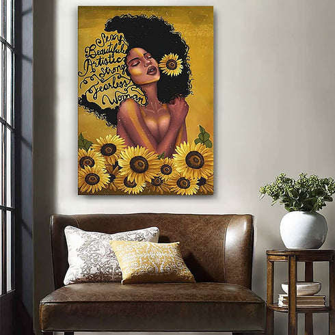 African American Canvas Wall Art Black Woman With Butterflies Paintings Sexy Black arounded by Sunflower Canvas Paintings Afro Women Picture Black Queen Inspirational Wall Art Hanging Poster Painting Black Girl Photography Abstract Watercolor Sunflower Pa