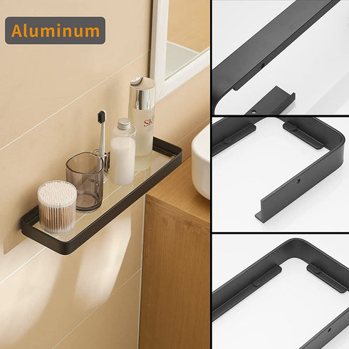 Bathroom Shelves Rectangular Tempered Glass Bathroom Shelf Wall Mounted, with Aluminum Frame, Shower Storage Organizer (12 inch, Matte Black)
