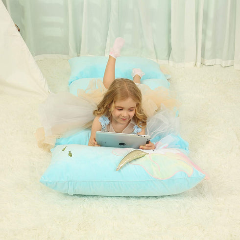 Blue Unicorn Pillows Floor Lounger for Kids, Girls Room Decor, Pillow Queen Beds, Floor Pillow Cushion Fold Out Chair Bed, Floor Sofa Bed Pillow Cover 88" L x 28"