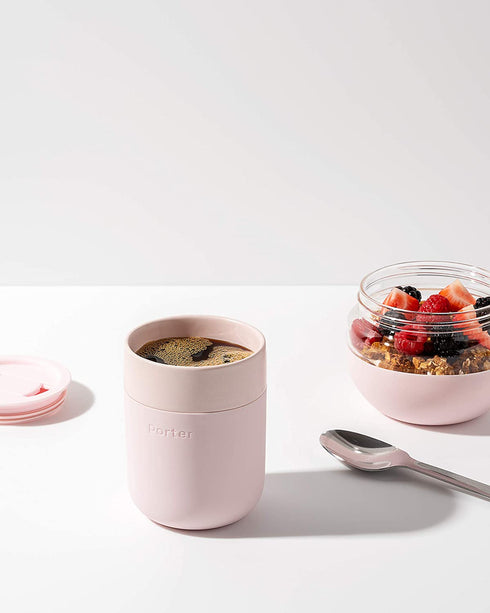 W&P Porter Ceramic Mug w/ Protective Silicone Sleeve, Blush 12 Ounces | On-the-Go | Reusable Cup for Coffee or Tea | Portable | Dishwasher Safe