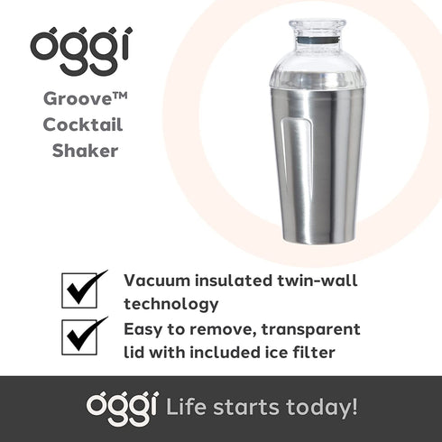 Oggi Groove Insulated Cocktail Shaker-16oz Double Wall Vacuum Insulated Stainless Steel Shaker, Tritan Lid has Built In Strainer, Ideal Cocktail Mixer, Martini Shaker, Margarita Shaker, Stainless,7404