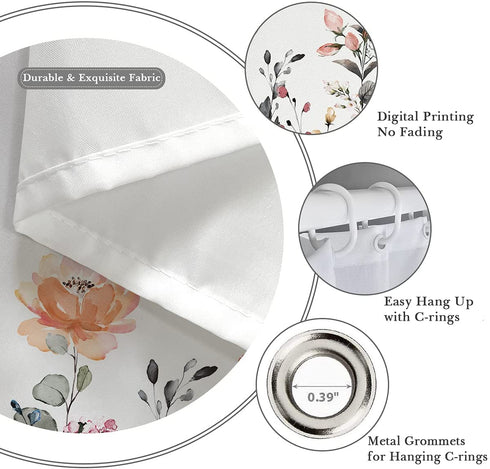Kikiry Fabric Floral Shower Curtain 60''W x 72''L Flower Watercolor Wildflower Polyester Waterproof 12 Pack Plastic Hooks