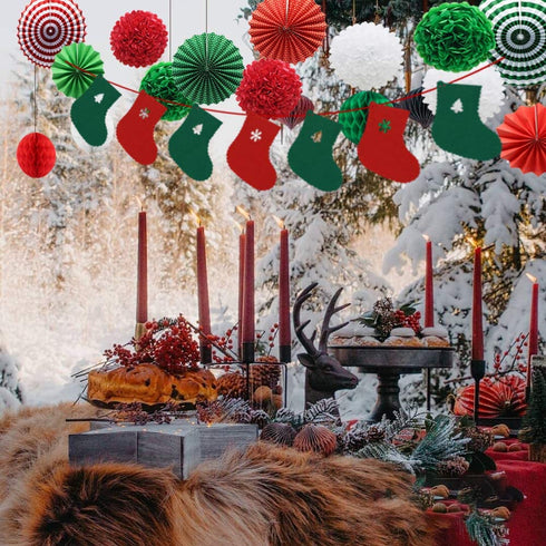 ADLKGG Christmas Party Decorations Hanging Paper Fans Christmas Socks Banner Pom Poms Flowers Paper Honeycomb Balls for Birthday Home Garden Indoor Outdoor New Years Eve Party Decor, 16pcs