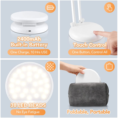 ONEFIRE Desk Lamp Kids Desk Lamp Small Desk Lamp, 8 Brightness Desk Lamps Office Portable & Foldable, Cute Desk Lamp White Desk Lamp Study Lamp, Battery Operated Lamp Rechargeable Lamp Cordless Lamp