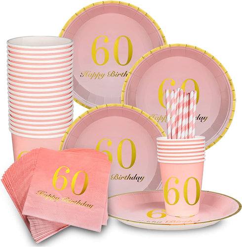 60th Birthday Decorations for women Party Supplies Napkins,Cups,Plates,Straws - 24 Sets