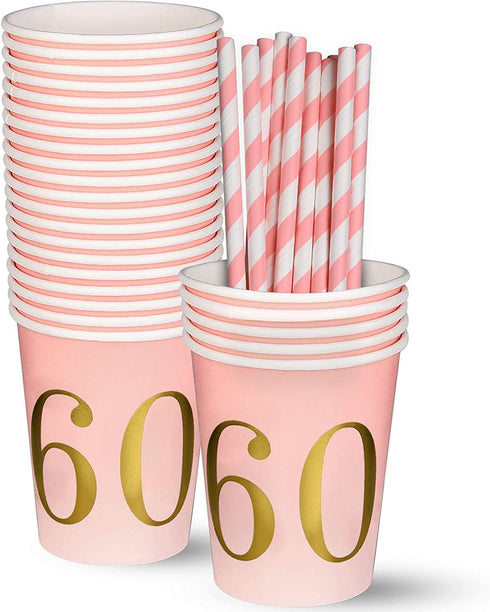 60th Birthday Decorations for women Party Supplies Napkins,Cups,Plates,Straws - 24 Sets