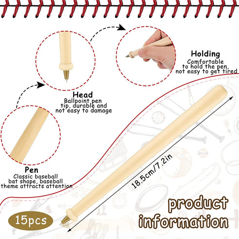 15 Pieces Wood Baseball Bat Pens Black Ink Brown Ball Wood Bat Writing Pens Baseball Birthday Party Sports Party Favors Supplies Goodie Bag Fillers Classroom Teacher Rewards