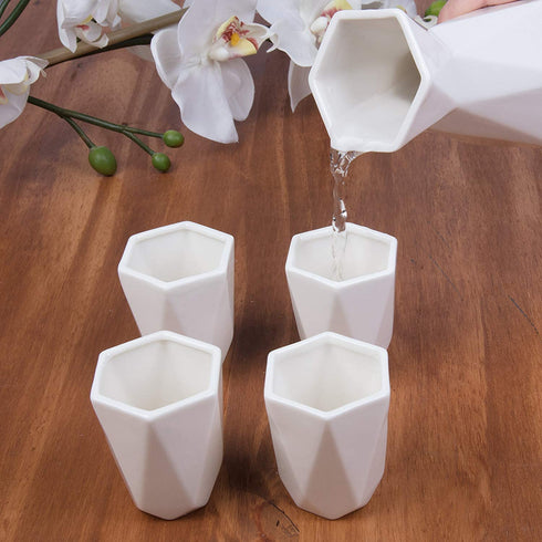 5 Piece Traditional Japanese Sake Set, 1 Tokkuri Bottle and 4 Ochko Cups, White - Unique Custom Modern Design