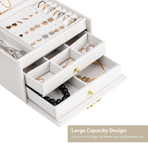 Warminn Jewelry Organizer 3 Layers Jewelry Box with Lock PU Leather Jewelry Storage Case with 2 Drawers for Earrings Bracelets Rings Necklace Watches jewelry Gift boxes for Women Girls Girlfriend Wife