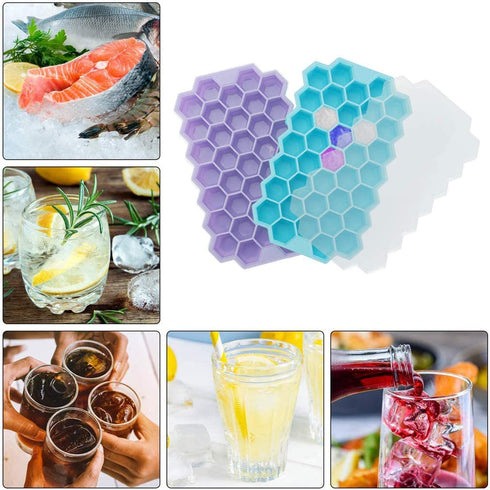 Upgrade Ice Cube Trays, TGJOR 2 Pack Silicone Flexible Ice Cube Trays with Lid, 74 Cubes Ice Trays for Chilled Drinks, Whiskey & Cocktails , Stackable Flexible Safe Ice Cube Trays (blue+purple)