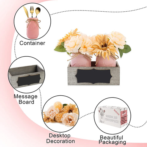 Mason Jar for Table Centerpiece Decorations - DIY Wood Tray with Flowers and Mason Jar, Table Centerpiece for Home Kitchen living Room Farmhouse Rustic Dining Table Decor (2 Pink Jar)