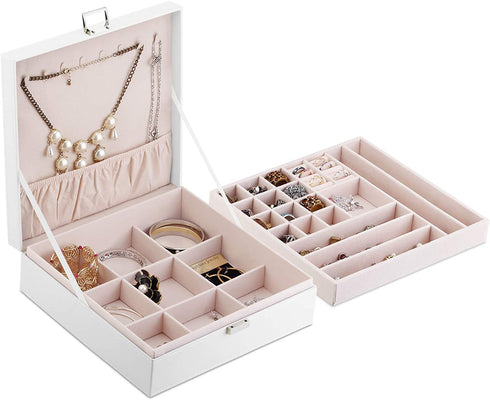 A&A Large Jewelry Storage Organizer Box 2 Layers Combined Storage Case with Buckle White