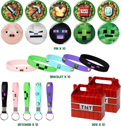 Pixel Style Birthday Party Supplies,40pcs Miner Theme Party Decorations Set,Include 10 Button Pins,10 Key Chains,10 Gift Boxes for Kids,Best for Fill Up the Goodie Bags for Miner Themed Party Favors