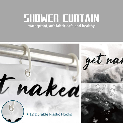 Black Ombre Shower Curtain Get Naked Shower Curtain White Grey Funny Cute Art Fonts Quotes Fabric Shower Curtain Set for Bathroom Decor Waterproof with Hooks, 72 x 72 Inches