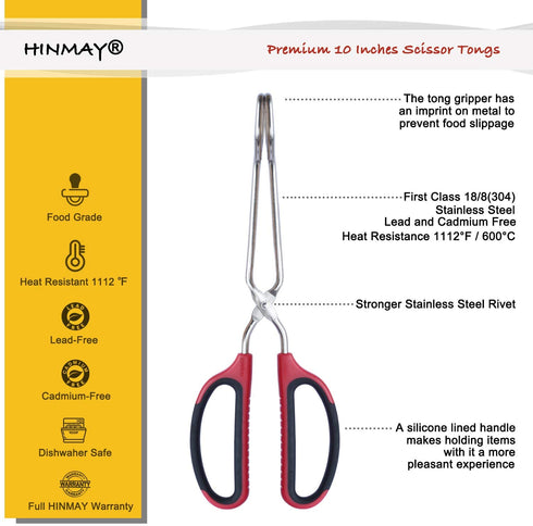 HINMAY Stainless Steel Scissor Tongs with Comfort-Grip Handle 10-Inch, Set of 2