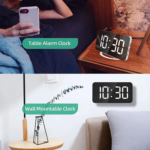 Digital Alarm Clock, 7" Large LED Mirror Electronic Clocks?Bedside Clock with Touch Snooze, Dual USB Charge, Auto Adjustable Brightness, Desk Wall Modern Clocks for Bedrooms Living Room Office(White)