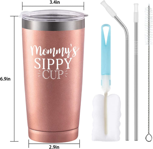 Mommy's Sippy Cup Travel Tumbler Mom Birthday Christmas Gifts for Mom New Mom Mothers to be Wife Women Her Mother's Day Thanksgiving Day, 20 Oz Insulated Stainless Steel Tumbler, Rose Gold