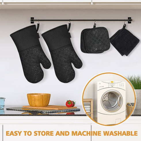 Oven Mitts and Pot Holders Kitchen: 500„‰ Heat Resistant Oven Gloves with Kitchen Towels Silicone Ovenmitts Hotpads Set - Quilted Long Kitchen Mittens Potholders Washable Mits Hot Pads for Baking