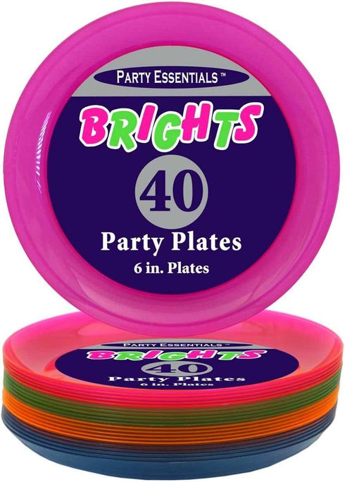 Party Essentials Hard Plastic 6-Inch Round Party/Dessert Plates, Assorted Neon, 40-Count